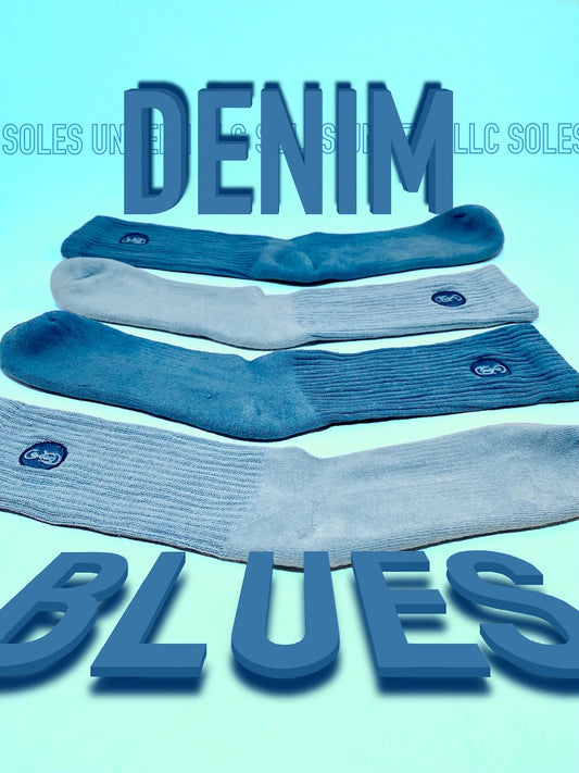 Two pairs of blue and light blue crew socks arranged in a pattern.