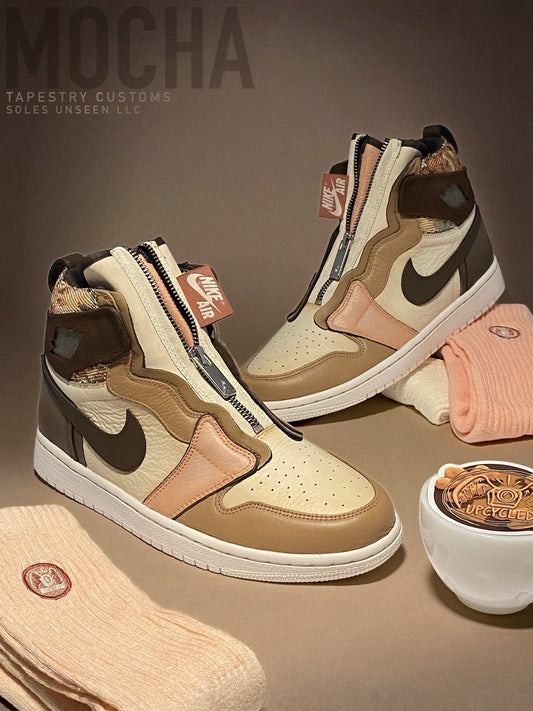 Brown, tan, and cream custom painted shoes with orange, pink, and cream socks.