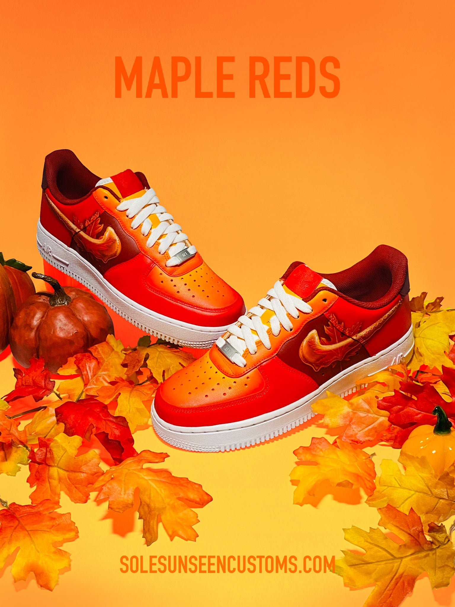 "Maple Reds" custom painted red, orange, and yellow fall shoes.