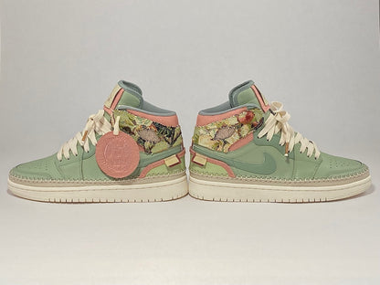 Side view of custom painted green tapestry shoes.