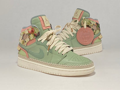 Quarter view of custom painted green tapestry shoes.